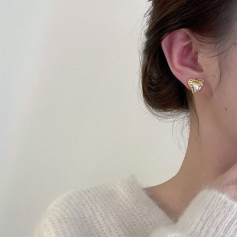 Gold Heart Pearl Stud Earrings