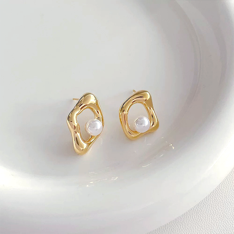 Gold Abstract Pearl Stud Earrings