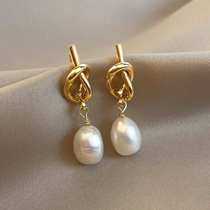 Gold Knot Pearl Drop Earrings