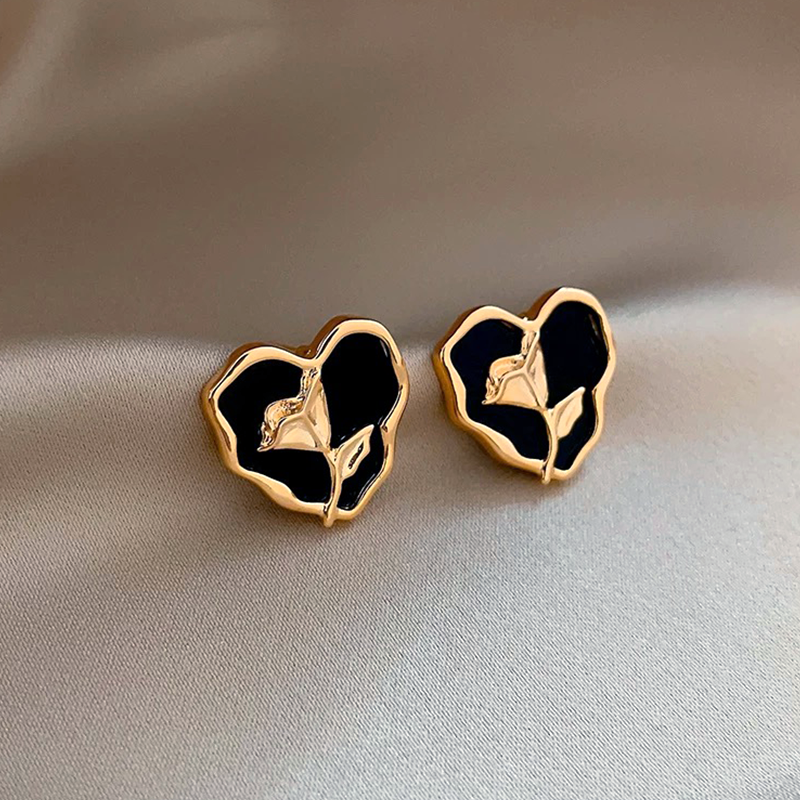 Gold Rose Heart Stud Earrings