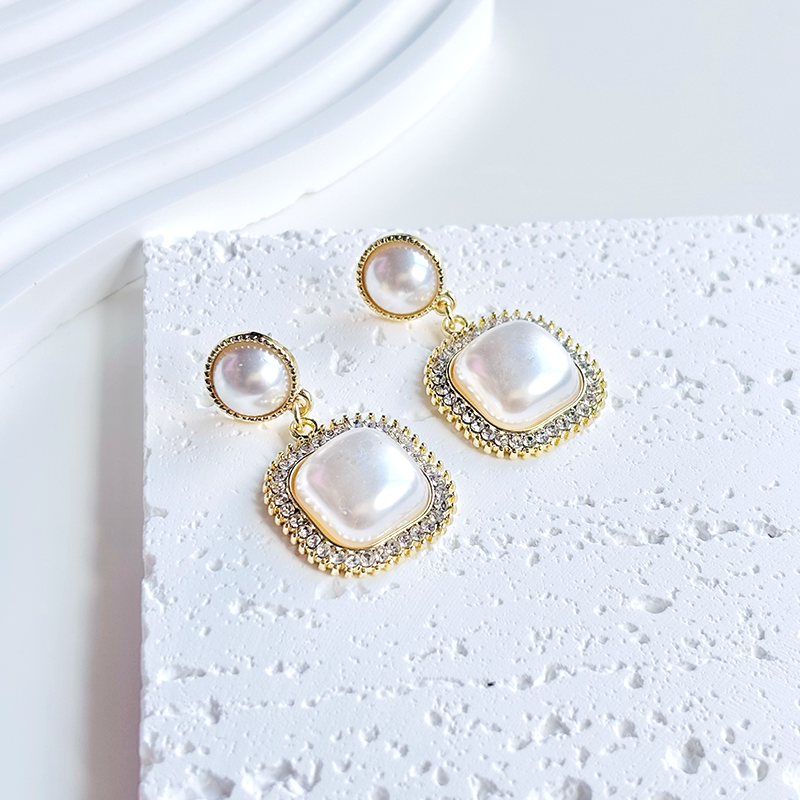 Gold Square Big Pearl Drop Earrings