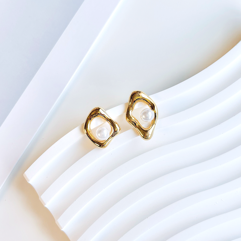 Gold Abstract Pearl Stud Earrings