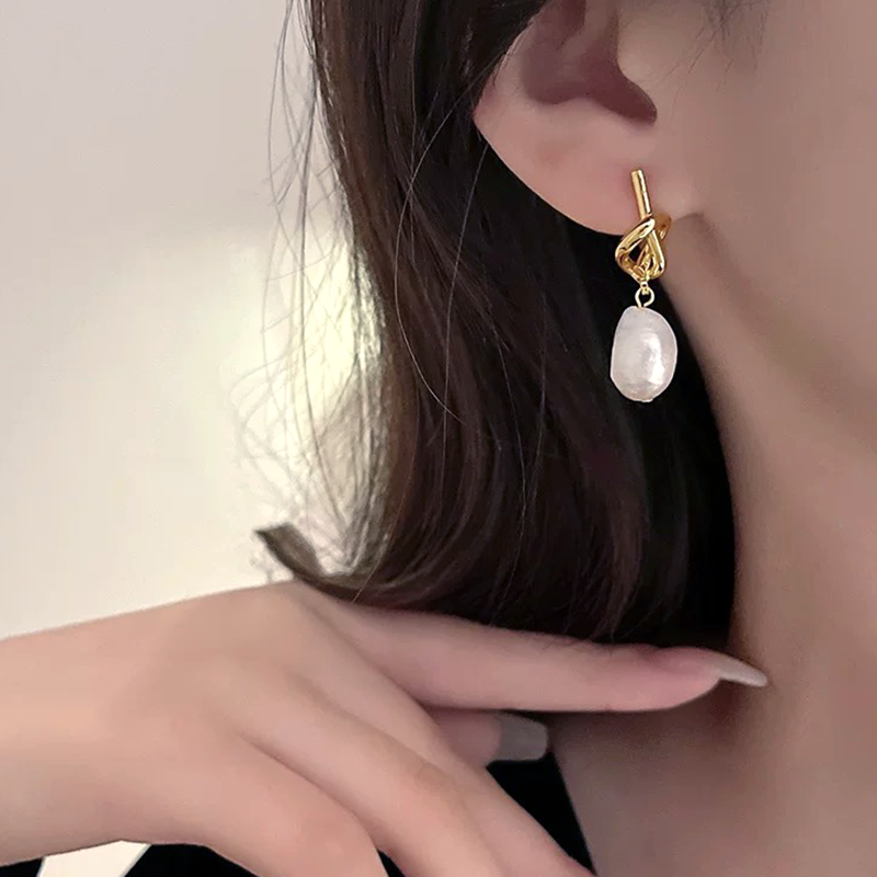 Gold Knot Pearl Drop Earrings
