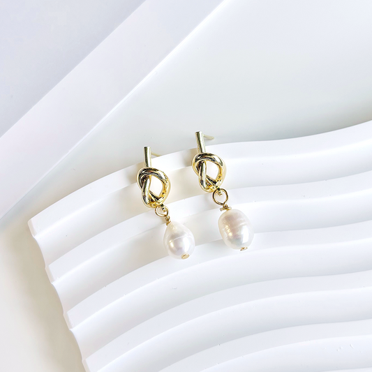 Gold Knot Pearl Drop Earrings
