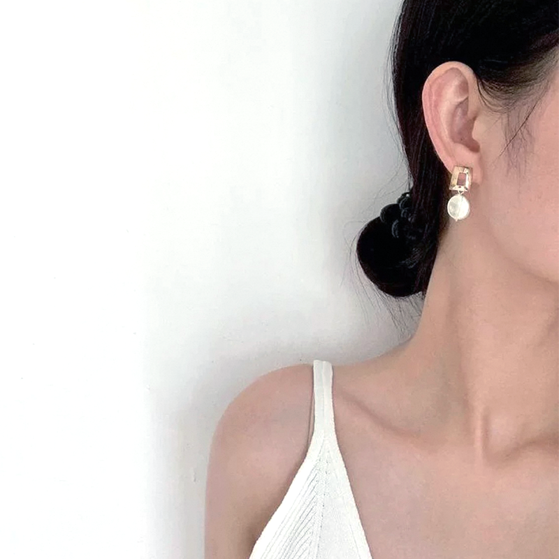 Gold Square Pearl Drop Earrings