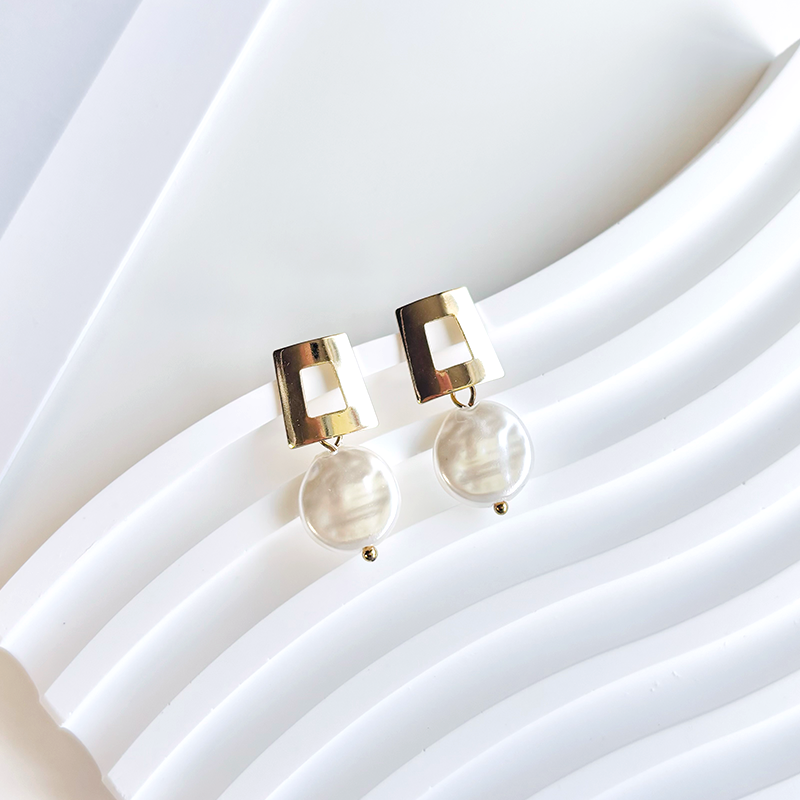 Gold Square Pearl Drop Earrings