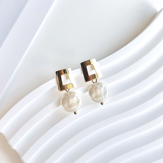 Gold Square Pearl Drop Earrings
