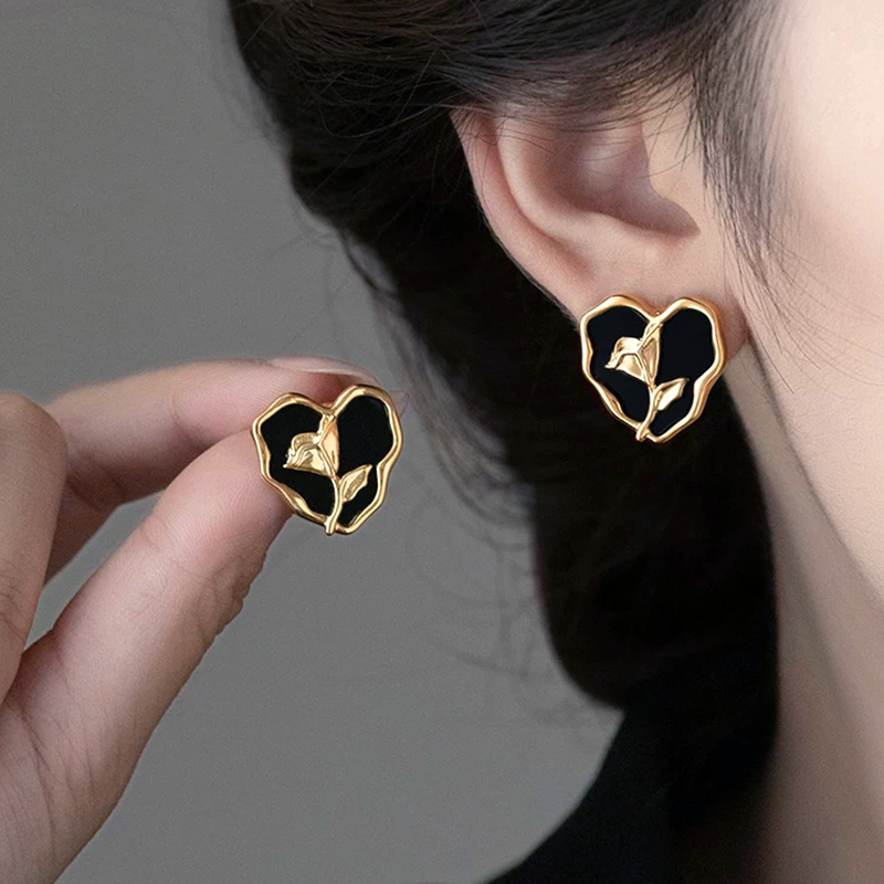 Gold Rose Heart Stud Earrings