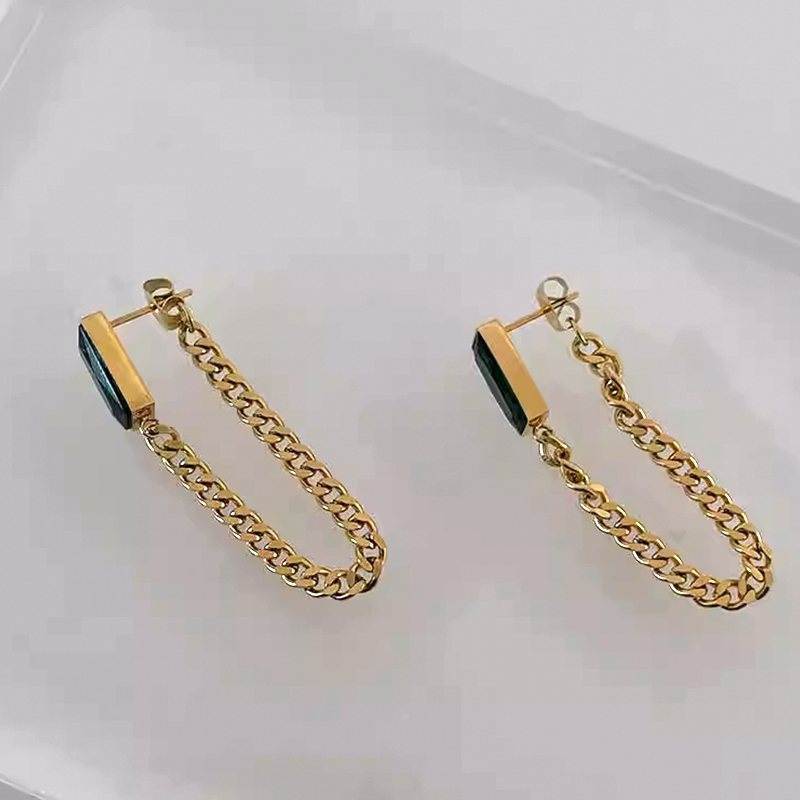 Green Gem Chain Dangly Earrings