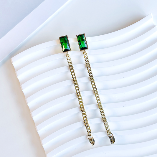 Green Gem Chain Dangly Earrings