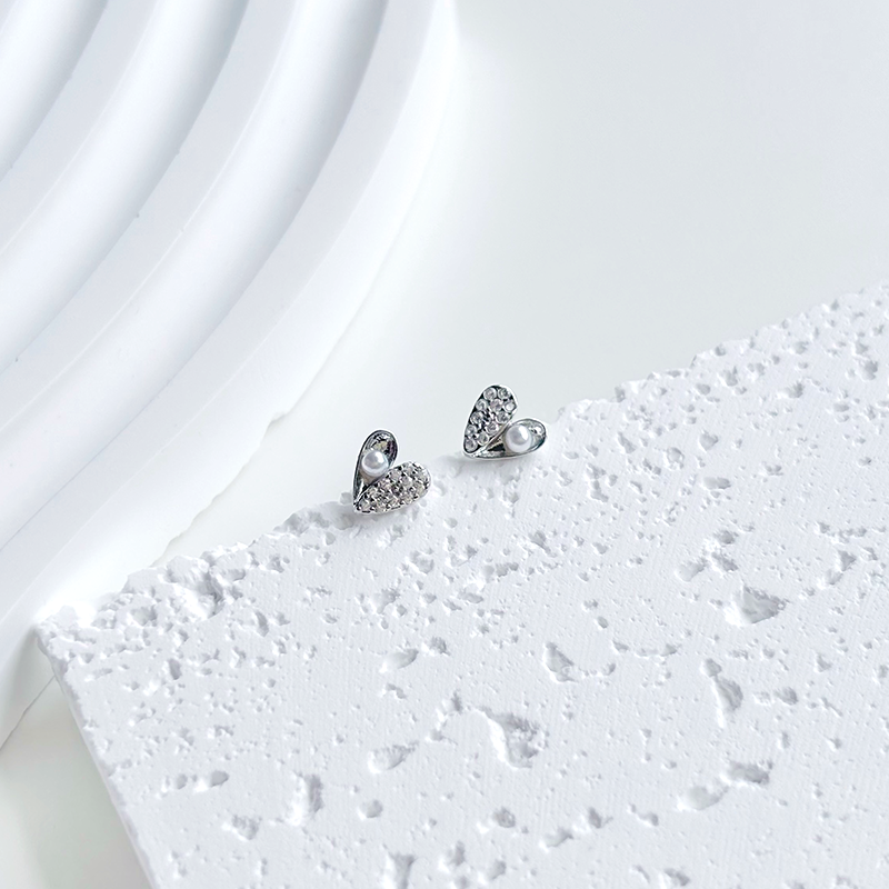 Silver Heart Pearl Stud Earrings