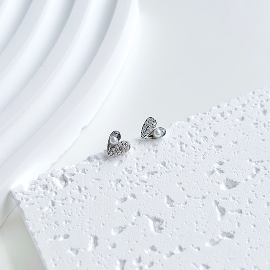 Silver Heart Pearl Stud Earrings